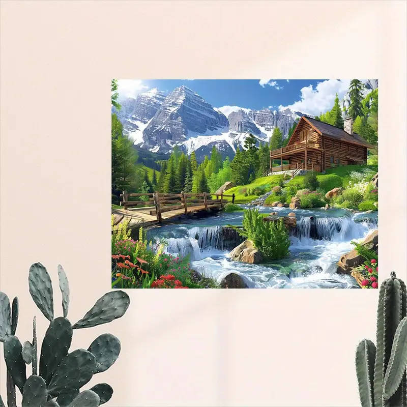 1pc Canvas Wall Art with Wooden Frame Rustic Cabin and Mountain Stream Scenery Waterproof Wall Decor