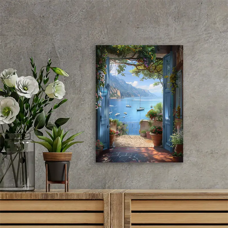 1pc Wooden Framed Canvas Painting 29.97x39.88 cm Seaside Doorway with Potted Flowers and Boats Nauti