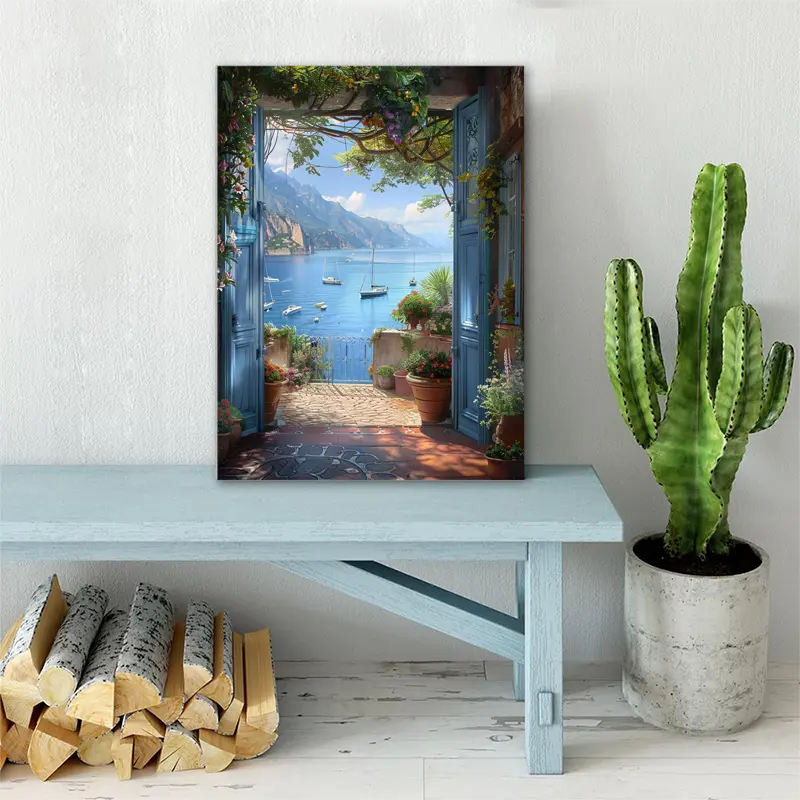 1pc Wooden Framed Canvas Painting 29.97x39.88 cm Seaside Doorway with Potted Flowers and Boats Nauti