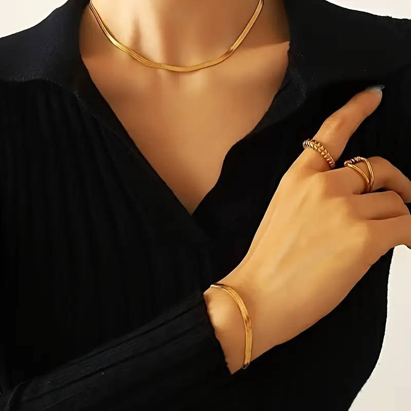 18K Golden Plated Stainless Steel Snake Chain Necklace and Bracelet Set