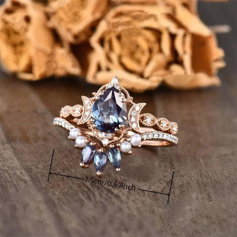 Elegant Blue Rose & Double Moon Ring