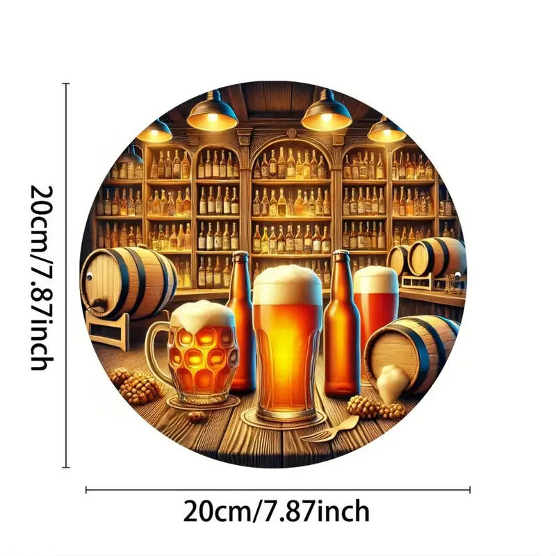 1pc Aluminum Beer Bar Scene Round Sign 19.99cm Foiled Engraving Art with Frothy Mugs for Home Office