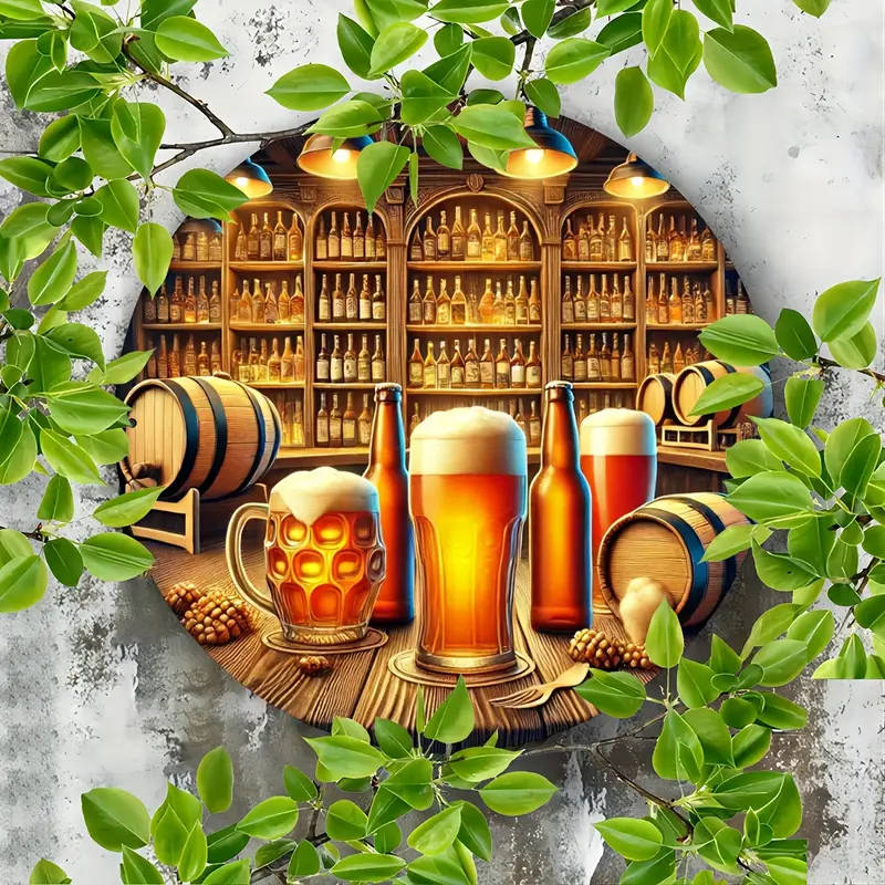 1pc Aluminum Beer Bar Scene Round Sign 19.99cm Foiled Engraving Art with Frothy Mugs for Home Office