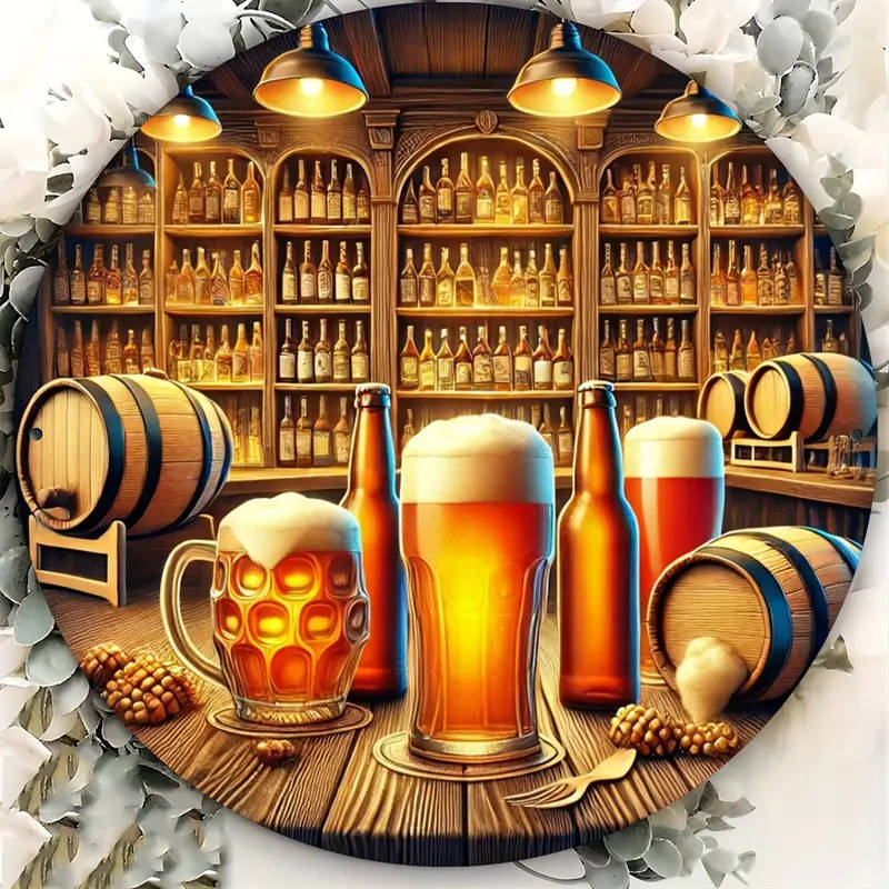 1pc Aluminum Beer Bar Scene Round Sign 19.99cm Foiled Engraving Art with Frothy Mugs for Home Office