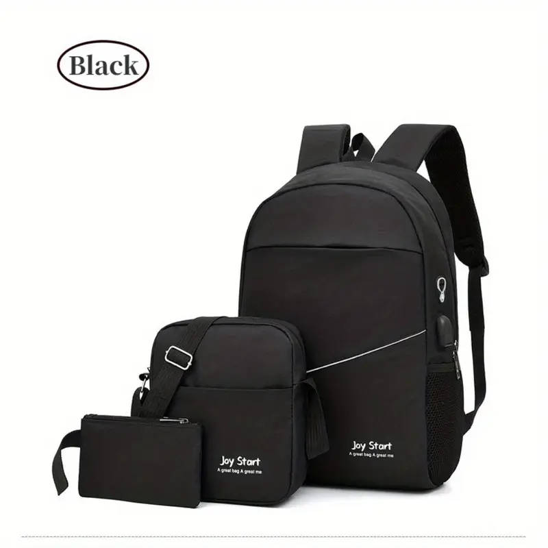 3pcs Backpack Set with Laptop Compartment Stylish Solid Color Large Capacity Waterproof Stain Resist