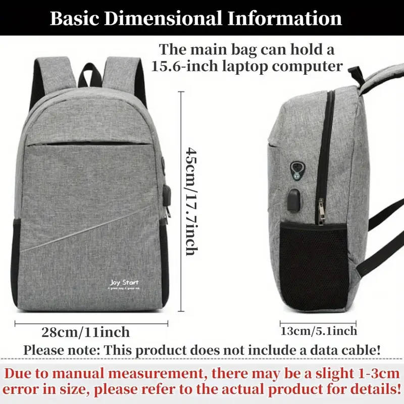3pcs Backpack Set with Laptop Compartment Stylish Solid Color Large Capacity Waterproof Stain Resist