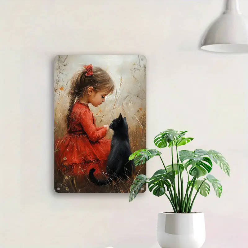 1pc Vintage-Inspired Aluminum Metal Art Set with Red Dress Girl and Black Cat Design Decorative Tin