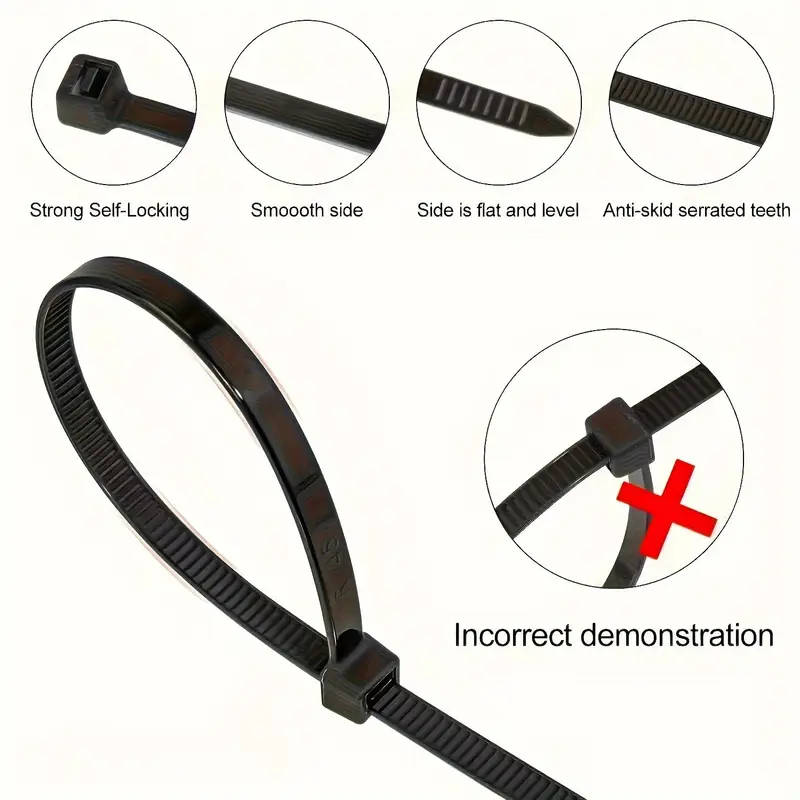 300pcs Durable Black Nylon Cable Ties - Adjustable Self-Locking Zip Ties