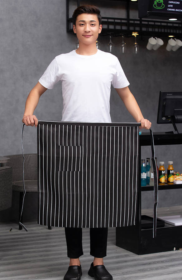 1pc Men's Black Canvas Chef Apron with Red Stripe Half-Length Server Kitchen Work Apron Durabl