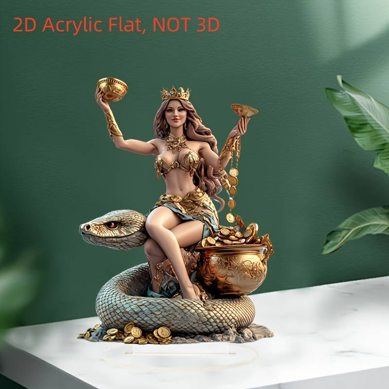 1pc 2D Flat  Elegant Bohemian  Acrylic Snake Goddess Statue with Golden Accents Luxurious Deskt