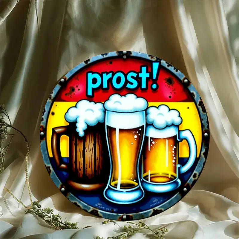 1pc Festive Beer Mug Metal Sign 20.32x20.32cm Round Aluminum Wall Art with Prost Greeting Ideal for