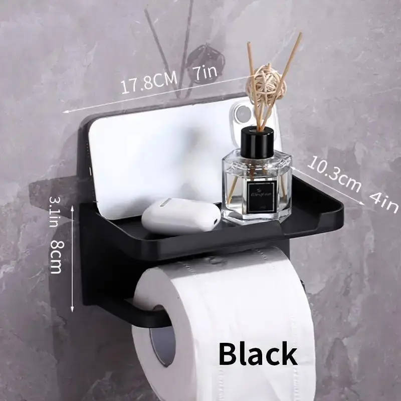 1pc Easy-Install No-Drill Stainless Steel Toilet Paper Holder with Phone Shelf Wall Mounted Space-Sa