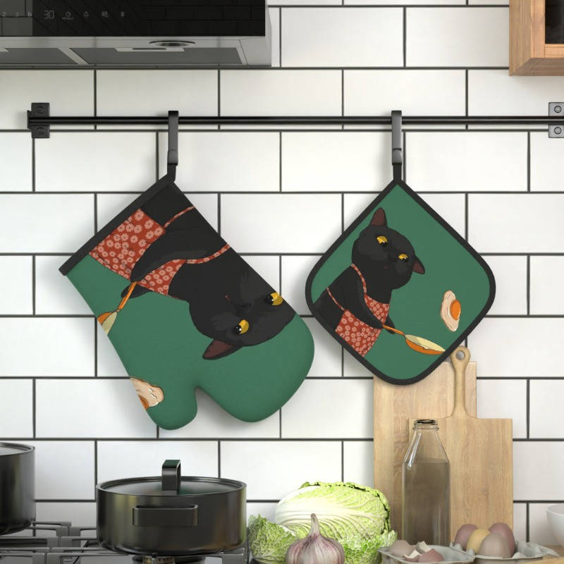 2pcs Cute Black Cat Oven Mitts Pot Holders Heat Resistant Polyester Machine Washable Pl