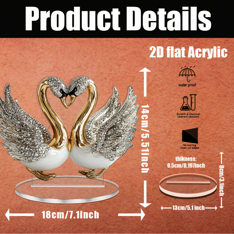 2D Flat  Acrylic Swan Sculpture 18.03Cm X 14.0Cm Elegant White Golden-Toned