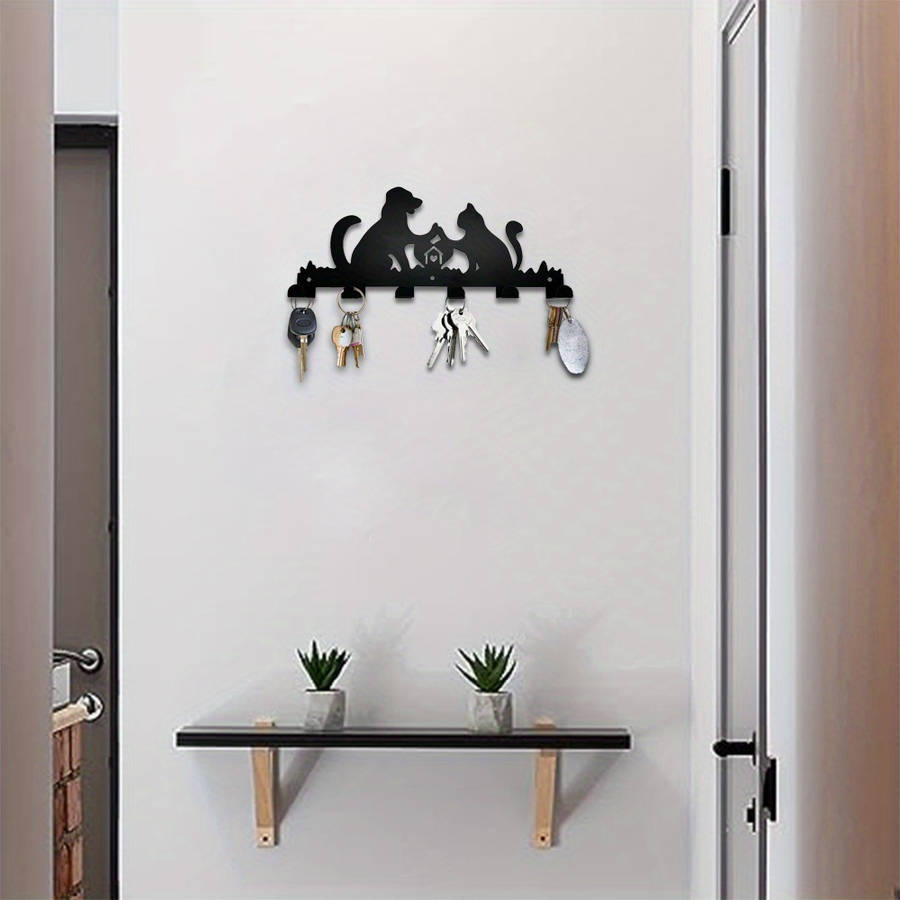 Whimsical Cat Dog Metal Wall Hook Rackcontemporary Black Silhouette Design With 6 Hooks For