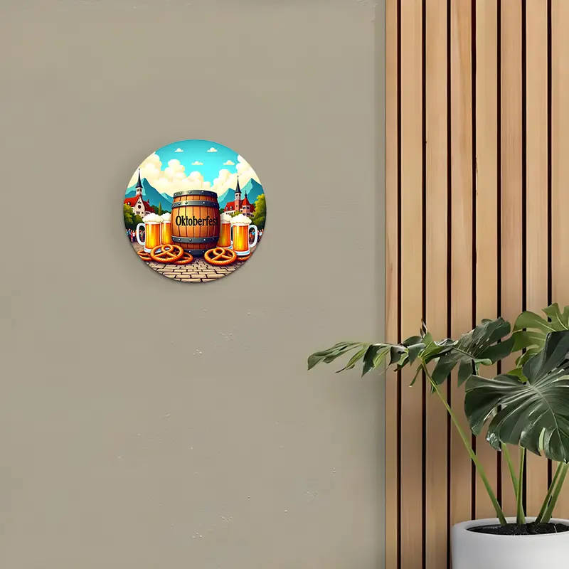 1pc 2D A Vintage Aluminum Sign Related to Oktoberfest Round Decorative Plaque Suitable for Home Offi