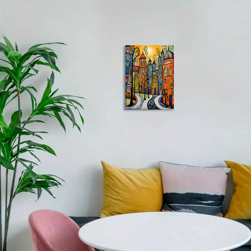 1pc Vibrant Frameless Canvas Art Print Whimsical Street Scene with Colorful Buildings Ideal for Fest