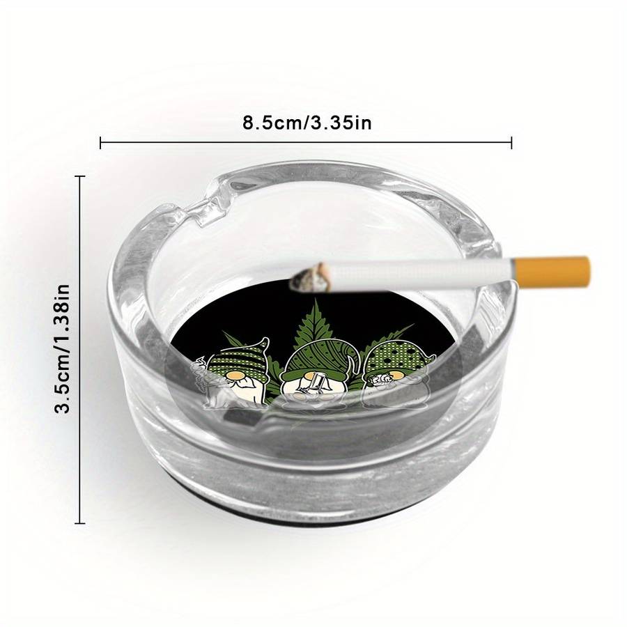 1pc Round Clear Glass Ashtray Black Background with Tri-color Geometric Plant Design Modern Desk