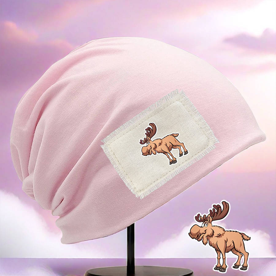 1pc Cozy Moose Print Beanie Hat Unisex Stretch Fit Lightweight Washable Brown with White Pat
