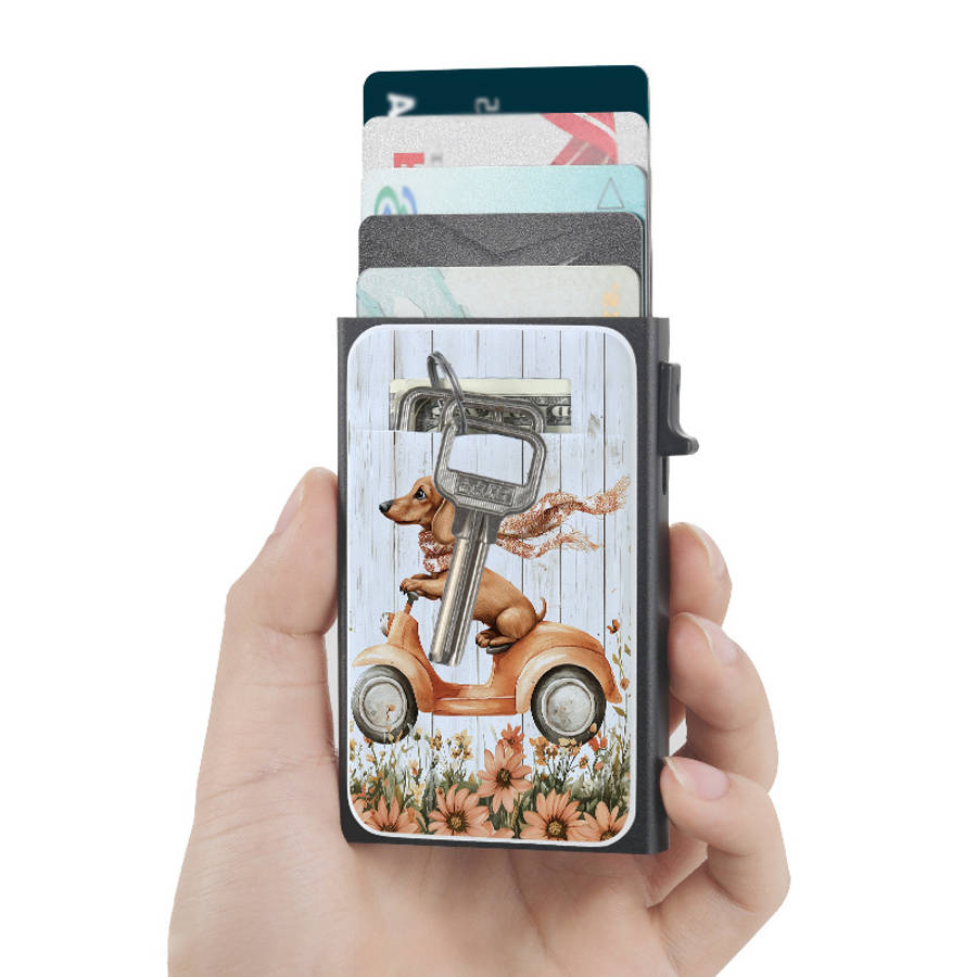 Dachshund On Scooter Pattern Metal Wallet