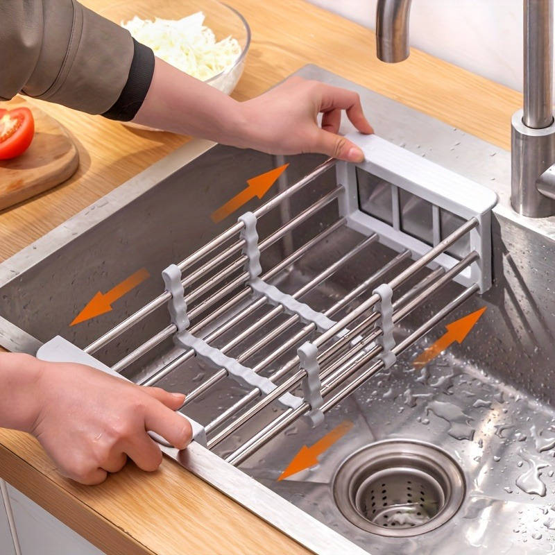 1pc Expandable Stainless Steel Over-The-Sink Dish Rack Drainer Basket Collapsible Kitchen Organ