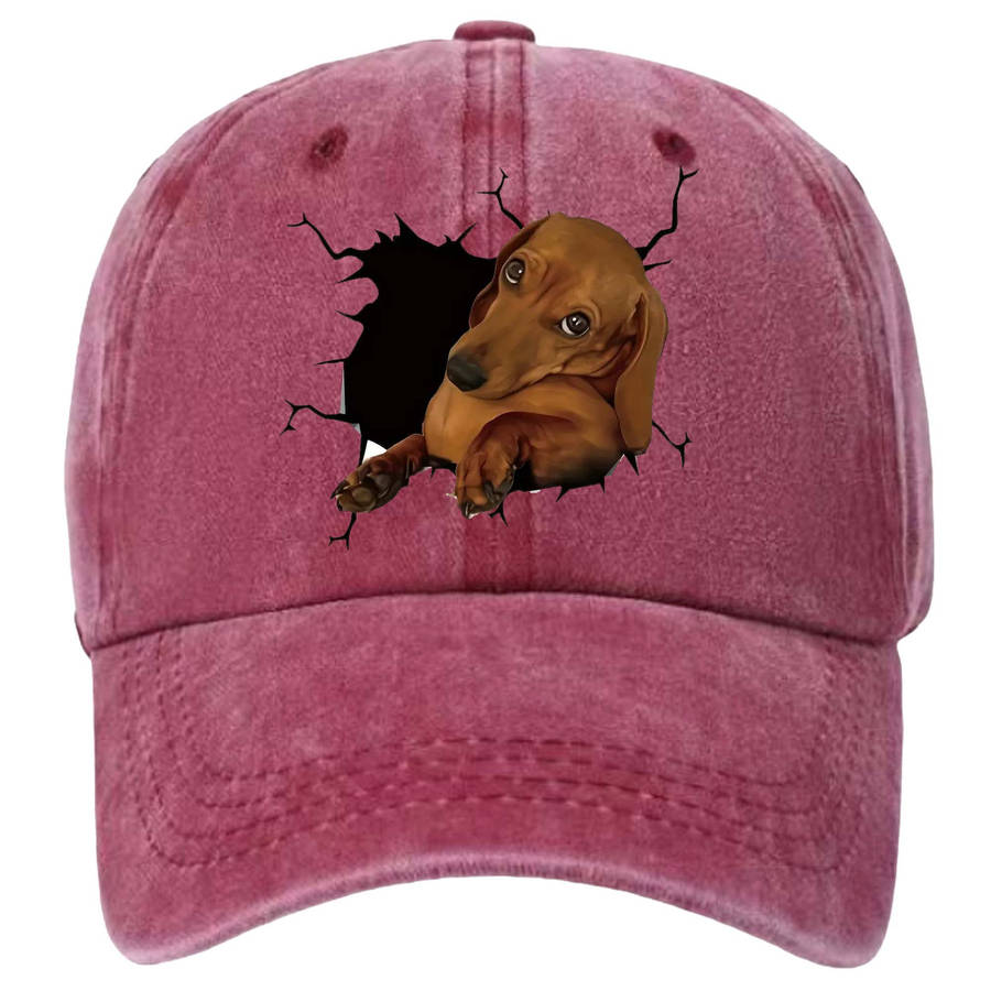1pc Cotton Baseball Cap with 3D Dachshund Dog Print Unisex Distressed Vintage Washed Adjustable C