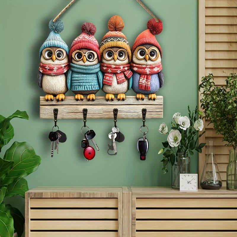 5 Cute Owl Key HoldersColorful Wooden  Home Decor Wall Art with Four Metal Hooks (30.0cm x 24.99