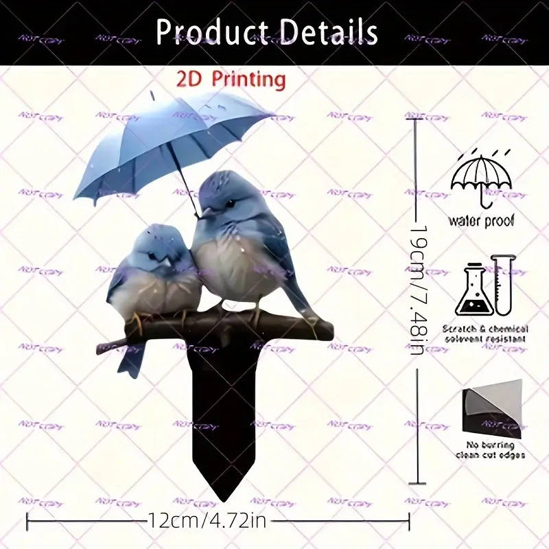 1pc 2D Bird Garden Stake Decoration Charming Bluebirds Under Umbrella Design Artistic Outdoor Lawn Y