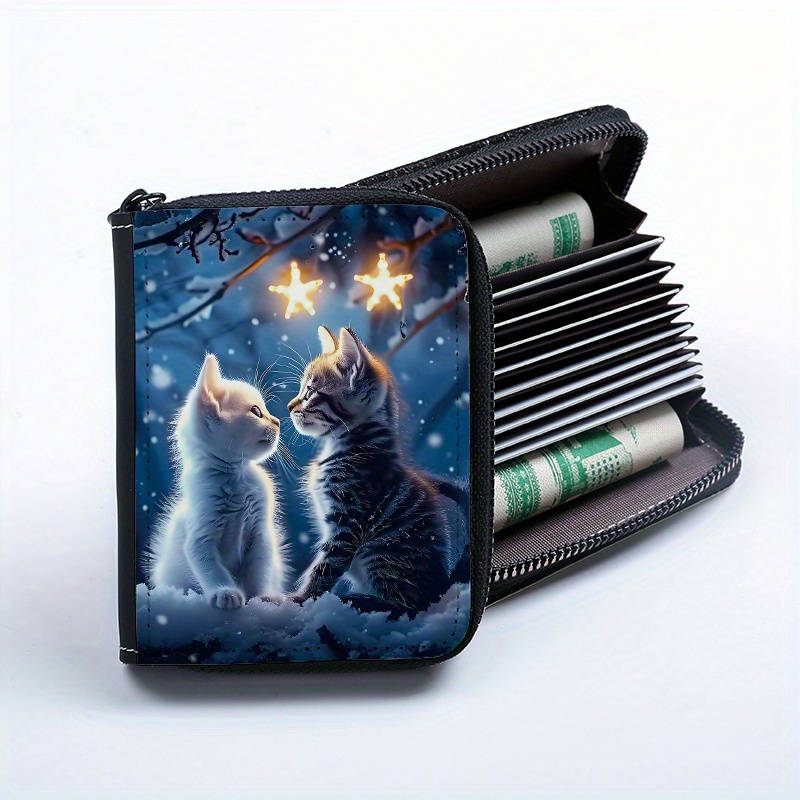 1pc Couple'S Cat Print PU Wallet Fashionable Printed Coin Purse with 9+2 Accordion Card Slots