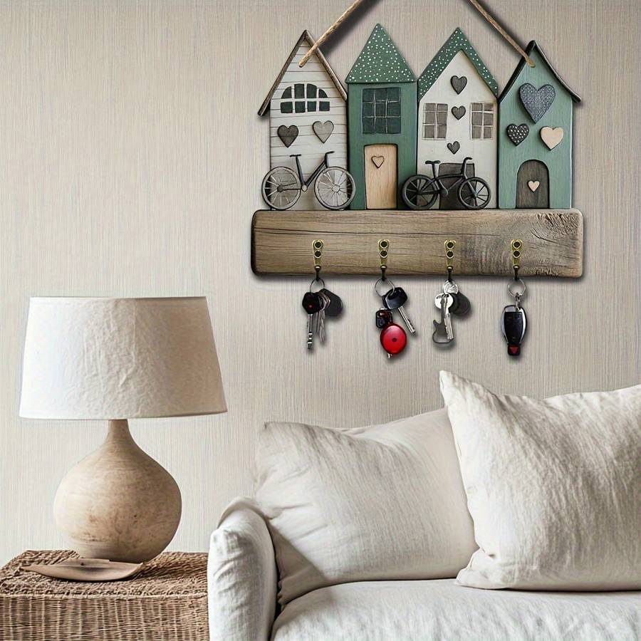 A Creative Small House And Bicycle Wall-Mounted Key Holder Featuring a Simple And Colorful Wooden K