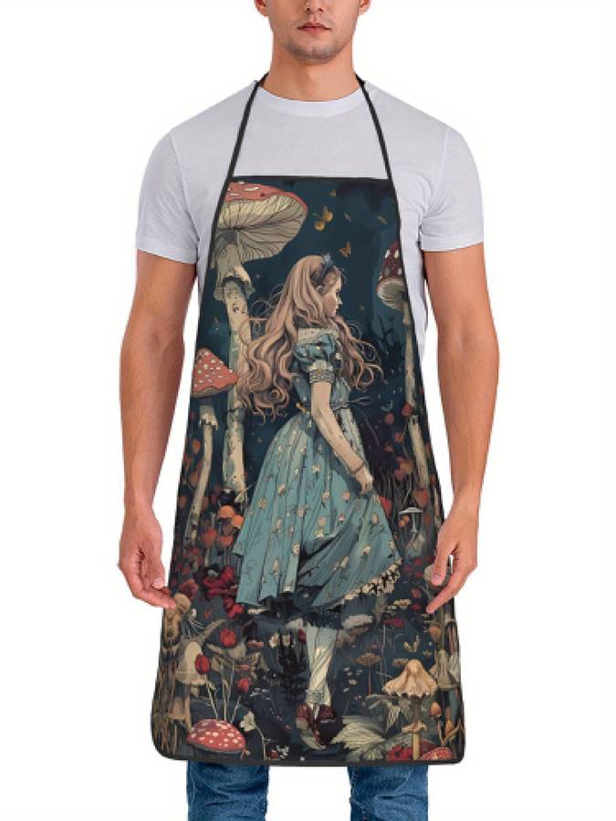 1pc Vintage Style Woven Polyester Apron 100% Polyester Fabric with Whimsical Mushroom and Floral