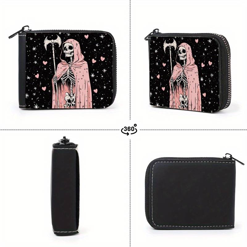 1pc Grim Reaper Pink Skull Print Wallet with 9+2 Card Slots C Stylish Zippered Purse for Everyday U