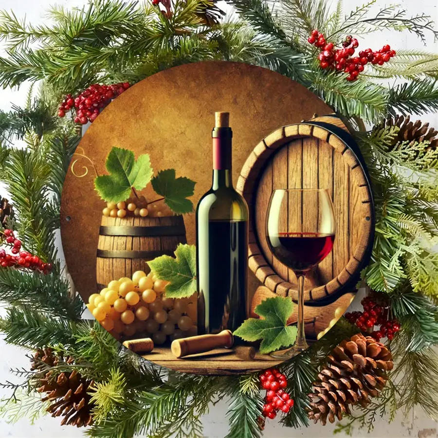 Vintage-Themed Grape And Barrel 2D Round Aluminum Sign High-Definition Foil Engraving Wall Decor