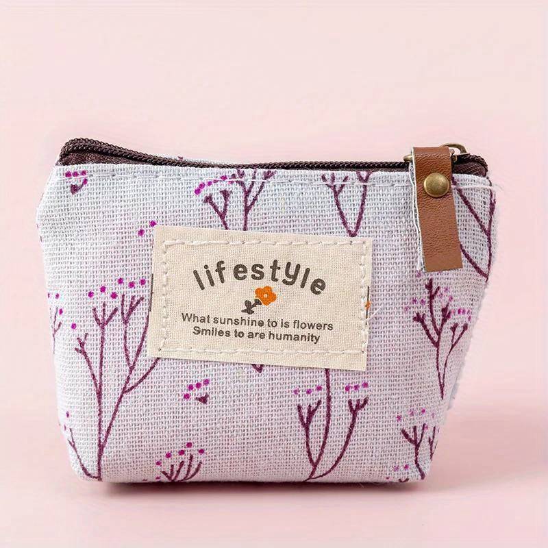 1pc Chic Floral Canvas Coin Purse Key Pouch Compact Zippered Wallet with Earphone Storage Ligh