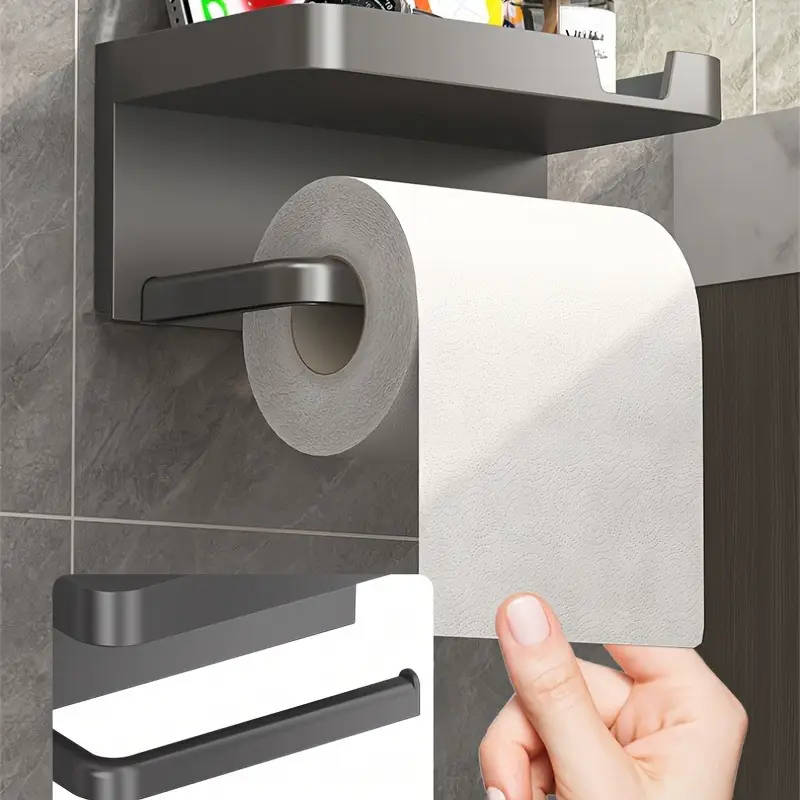 1pc Easy-Install No-Drill Stainless Steel Toilet Paper Holder with Phone Shelf Wall Mounted Space-Sa