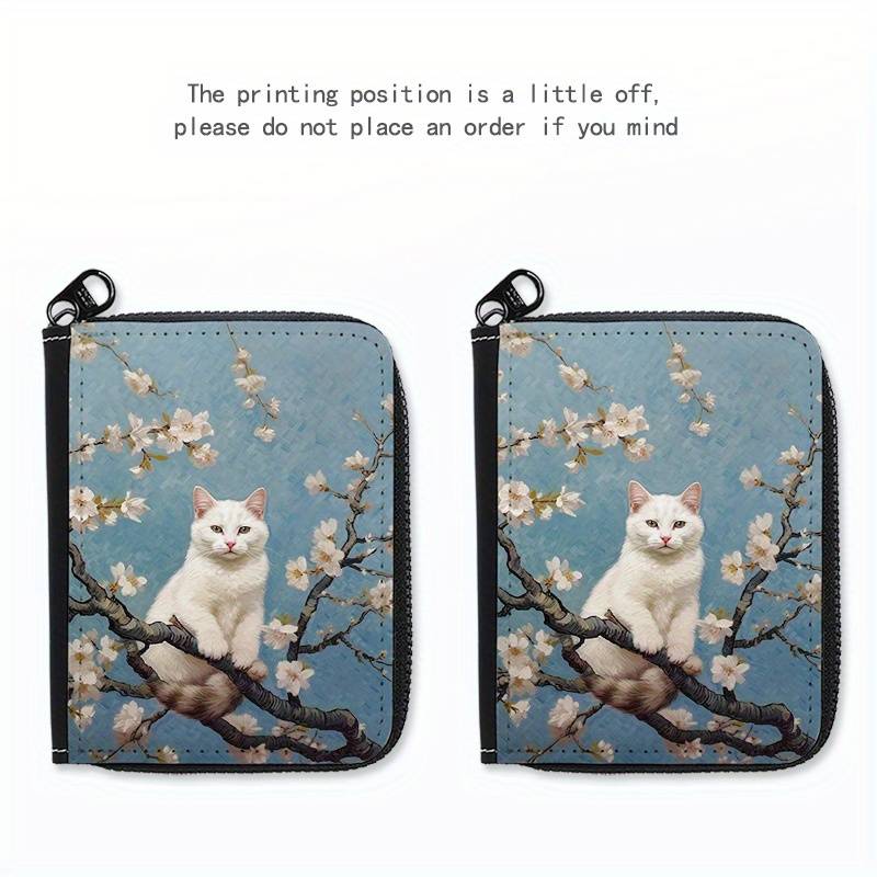 1pc Street Style Faux Leather Wallet with Geometric Cat on Tree Print Lightweight Unlined Zip