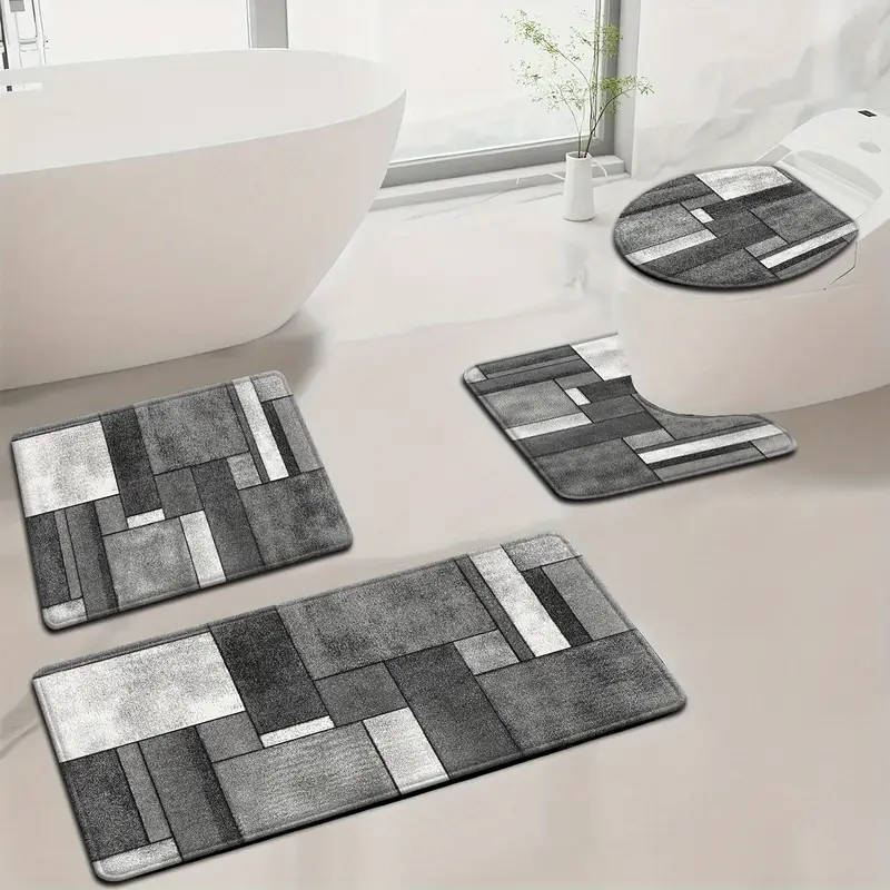 4-Piece Stylish Simple Grey Geometric Pattern Bathroom Mat Set