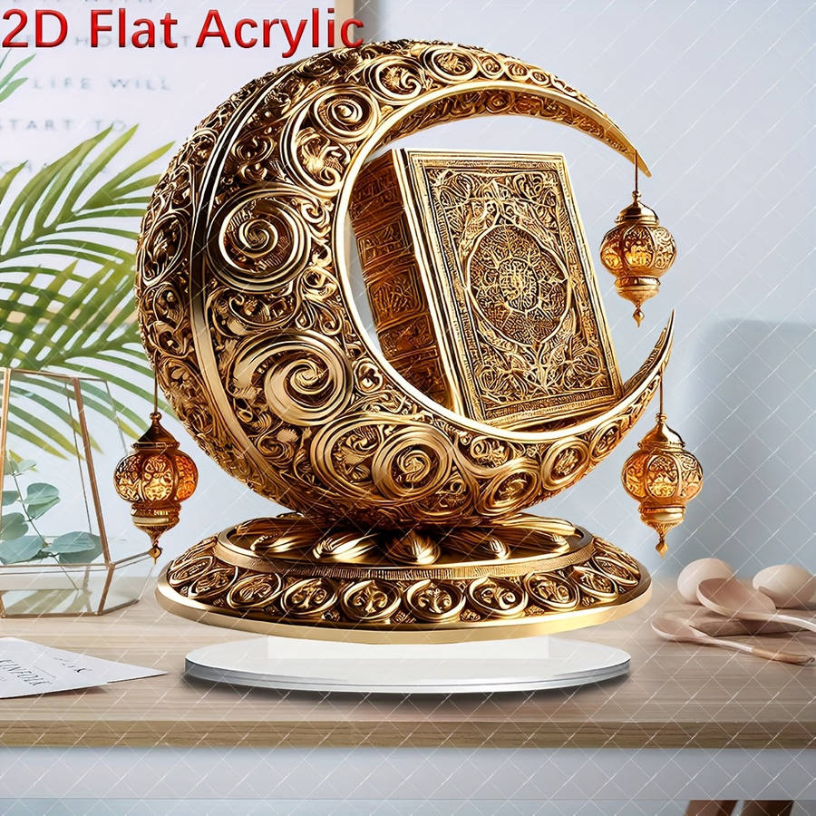 2D Flat Boho Style Golden Moon With Quran Acrylic Suncatcher 20.98Cm X 19.81Cm Multifu