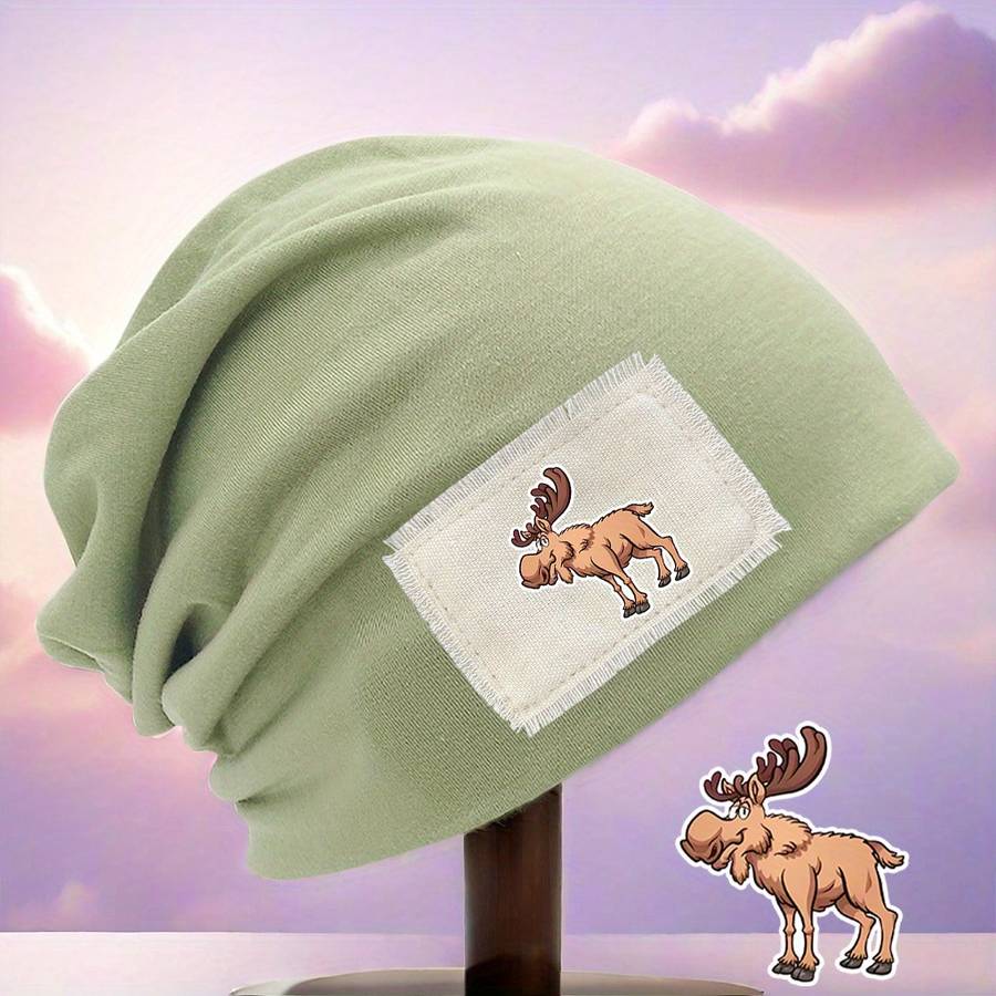 Cozy Moose Print Beanie Hat Unisex Stretch Fit Lightweight Washable Brown With White Pat