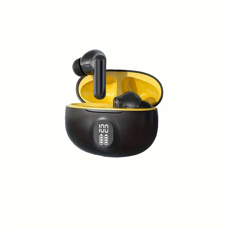 Sleek Black Yellow Wireless Earbuds with LED Power Indicator Hi-Fi Stereo Sound Anime-Inspired Desig