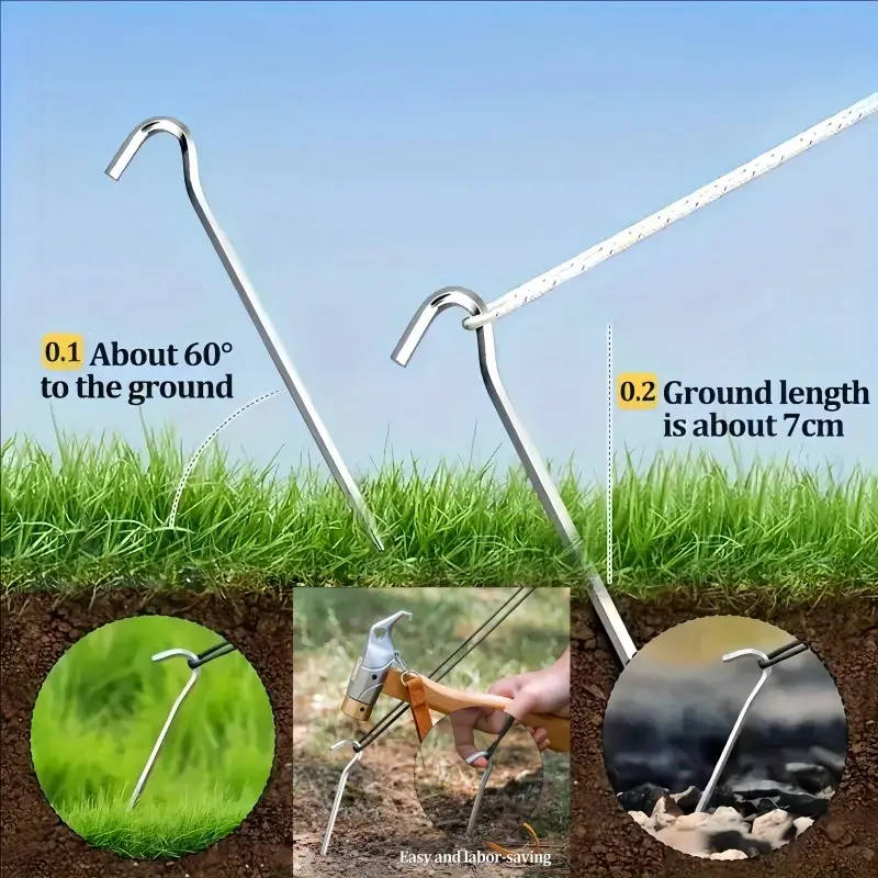 8 Pieces Metal Heavy Duty Tent Pegs with Hooks