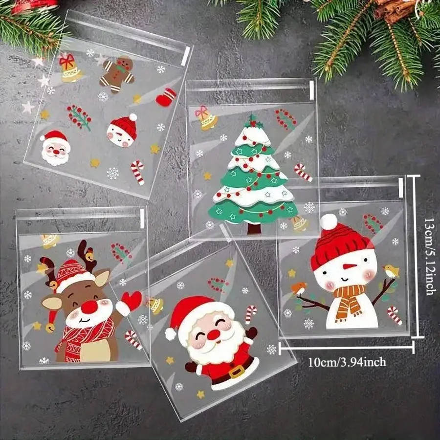 50 Self-Sealing Cellophane Christmas Candy Bags 5 Different Santa Claus Designs