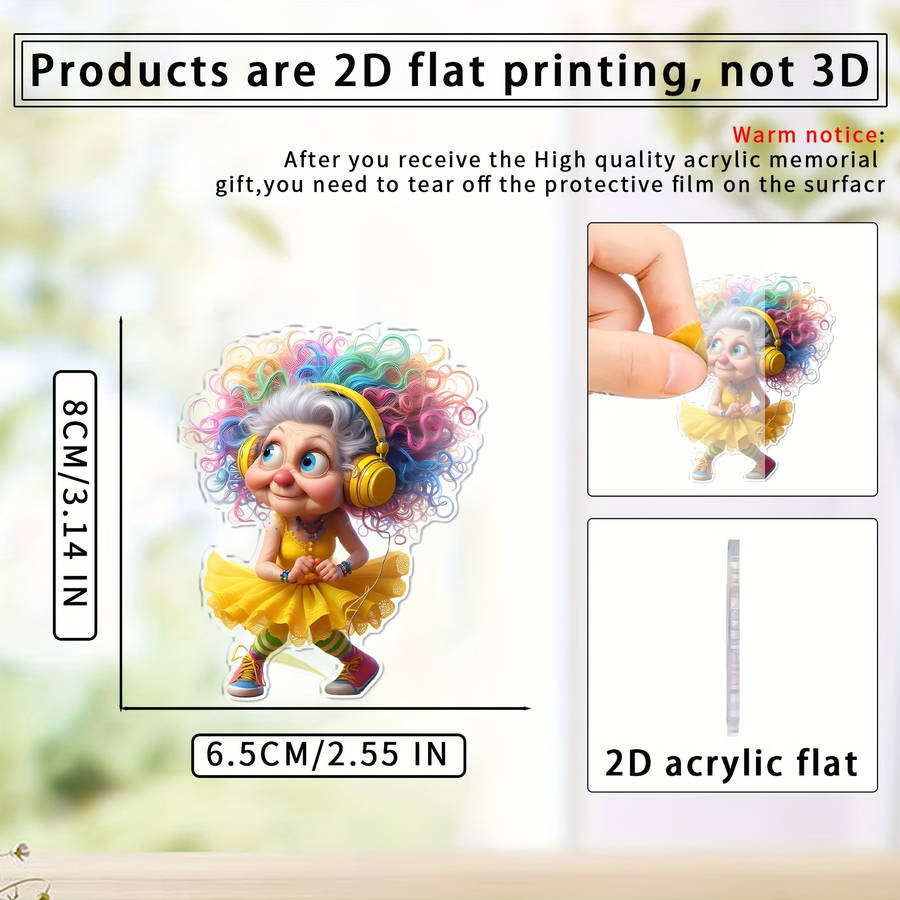 1pc 2D Flat    Acrylic Pendant Whimsical Bohemian Grandma Charm with Colorful Hair Headpho