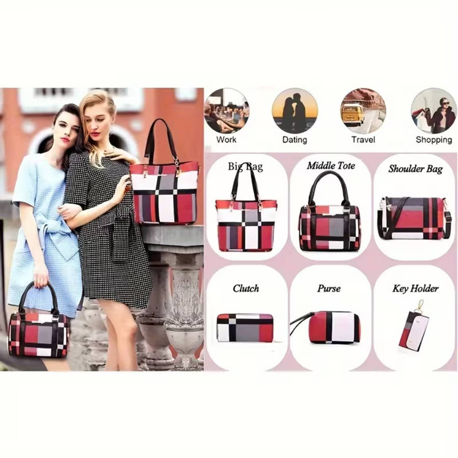 6Pcs Women Plaid Bag Set Tote Crossbody,Clutch Wallets