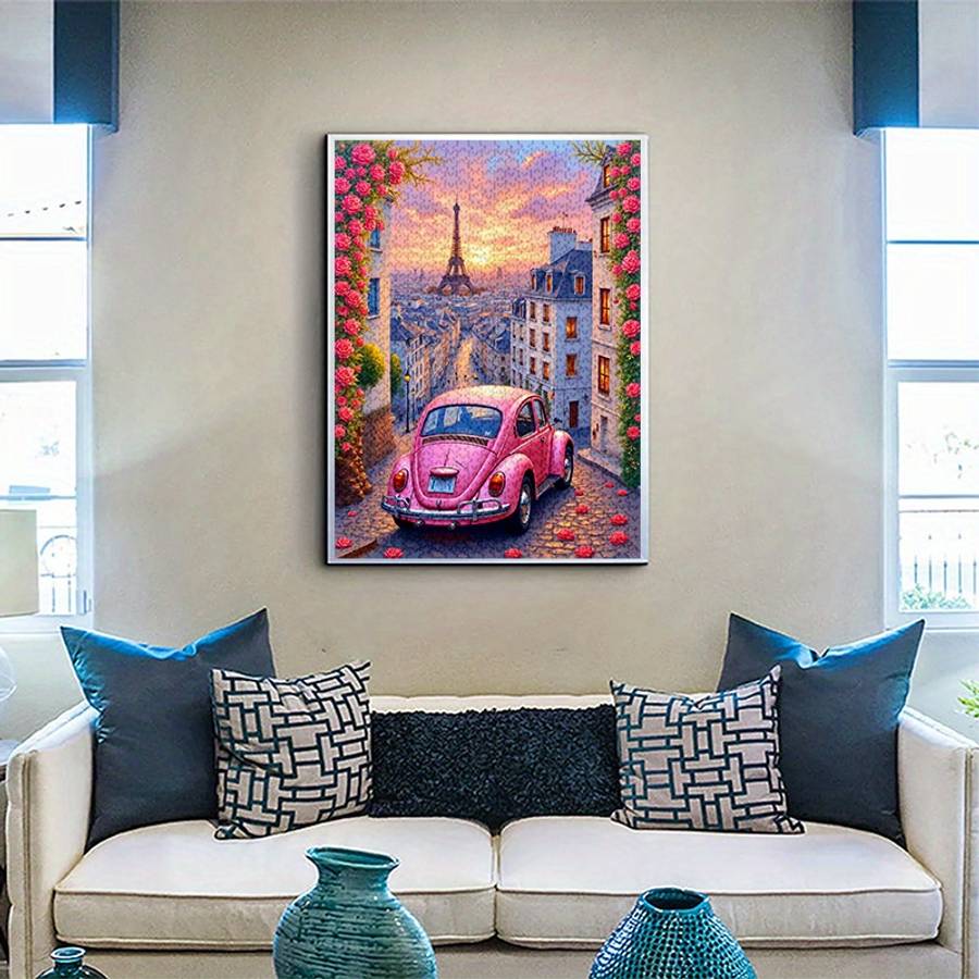 1000pcs Parisian Eiffel Tower Pink Car Jigsaw Puzzle Scratch-Resistant Waterproo