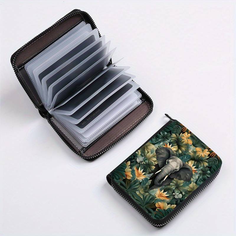 1pc Jungle Elephant Print Clutch Bag Casual Zipper Card Holder with 24 Card Slots Multi-card