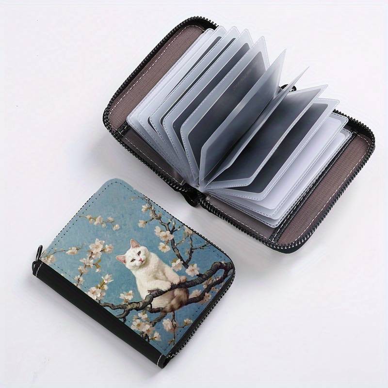 1pc Street Style Faux Leather Wallet with Geometric Cat on Tree Print Lightweight Unlined Zip