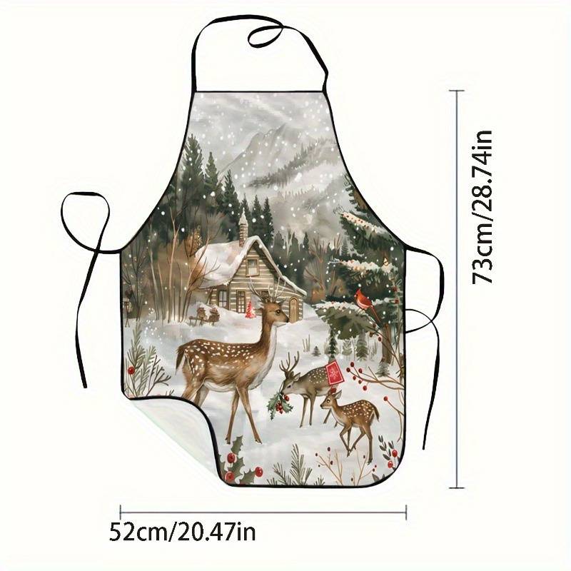 1pc Winter Scene with Deer And Cabin Printed Sleeveless Polyester Apron for Home Kitchen Bak