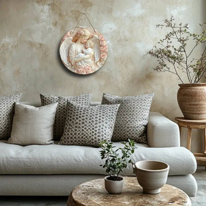 1pc 2D Printed Round Wooden Plaque Decoration Featuring an Angel And Child Theme Suitable for Decora
