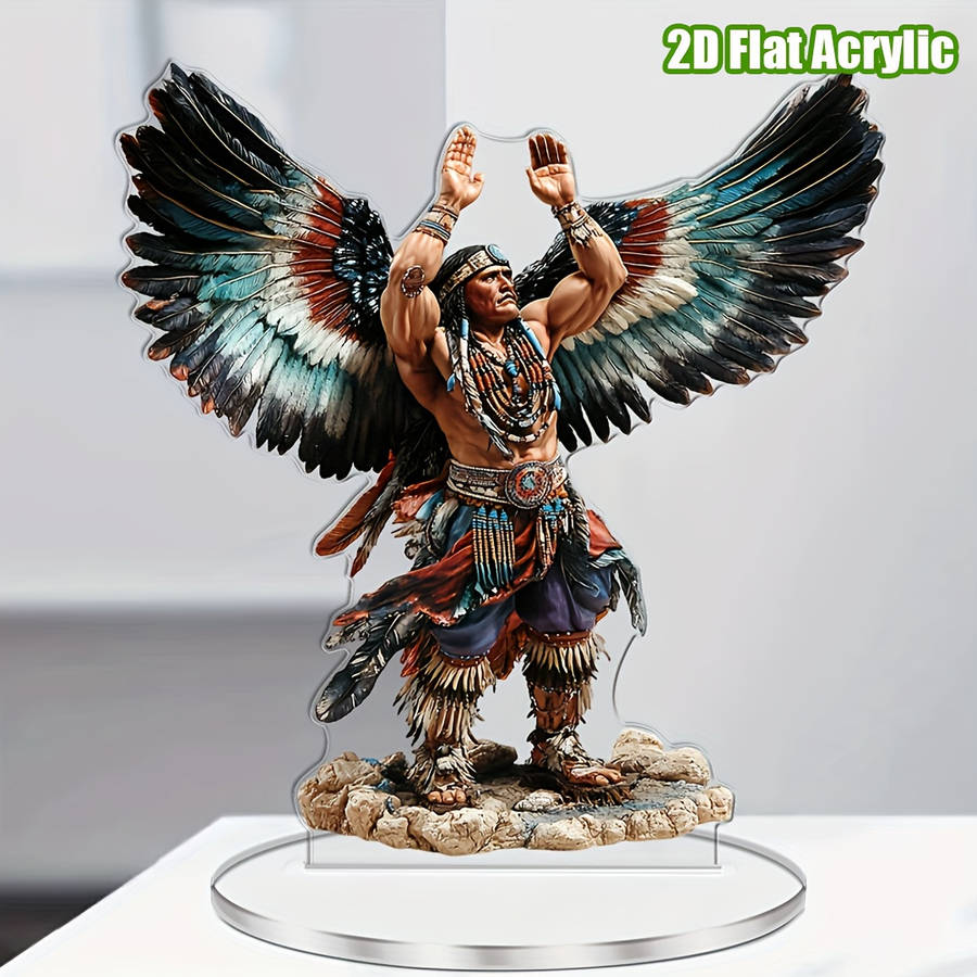 1pc 2D Flat  Acrylic Native American Warrior Figure with Vibrant Feathered Wings Inspirational Boh